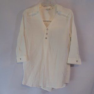 Simply Noelle Off White 3/4 Sleeve Button Cuff Collared s/m 8-10 beachy top
